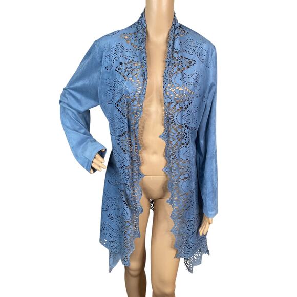 Alberto Makali Light Blue Faux Suede Laser Cut Waterfall Flyaway Cardigan SZ L - Picture 1 of 13